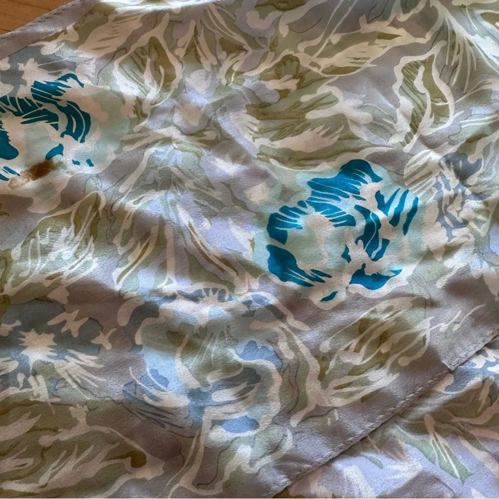 Floral Patterned Vintage Silk Rectangular Scarf in Blue and Silver